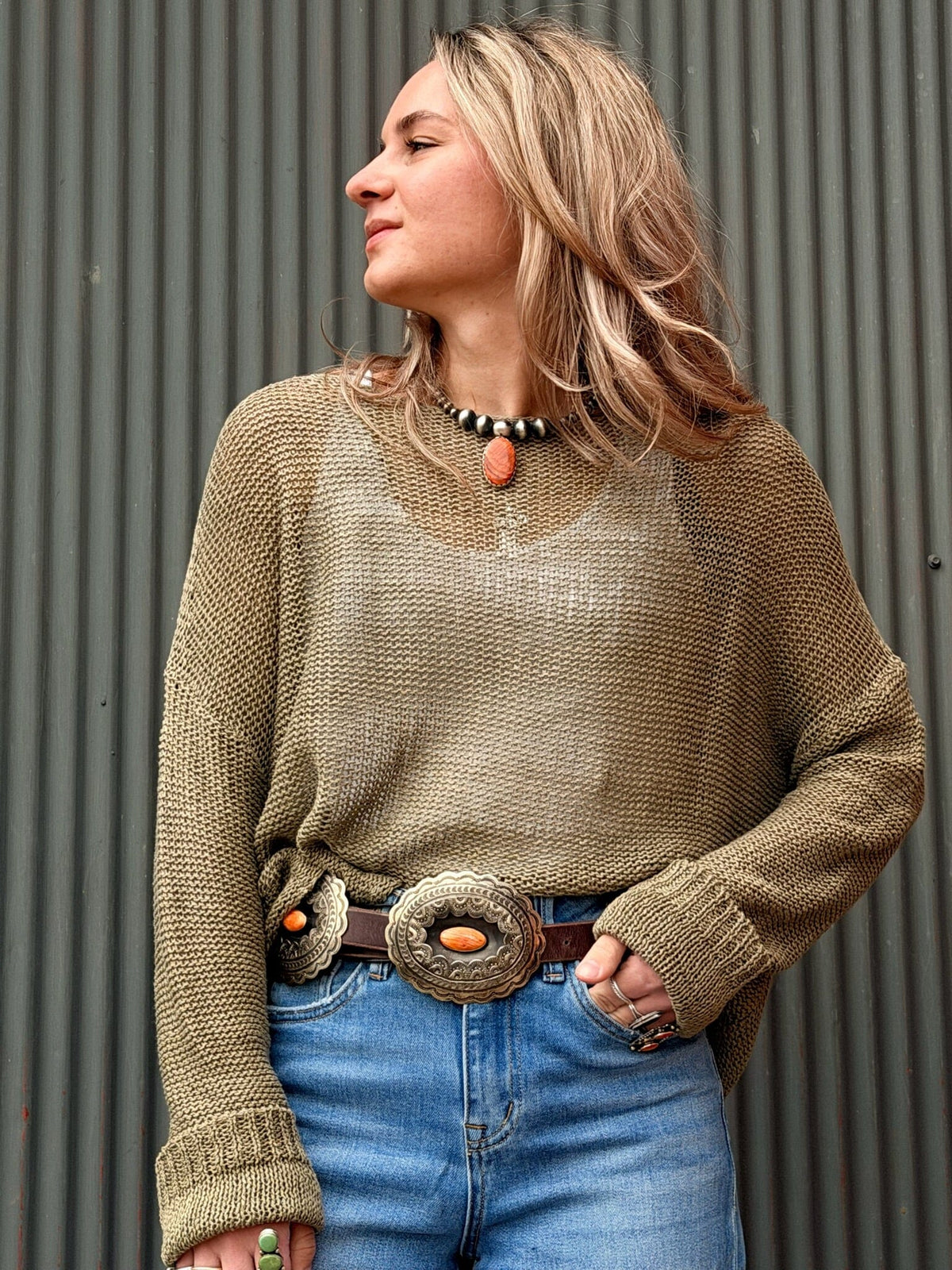 Open Knit Bateau Sweater - Sage - 8109