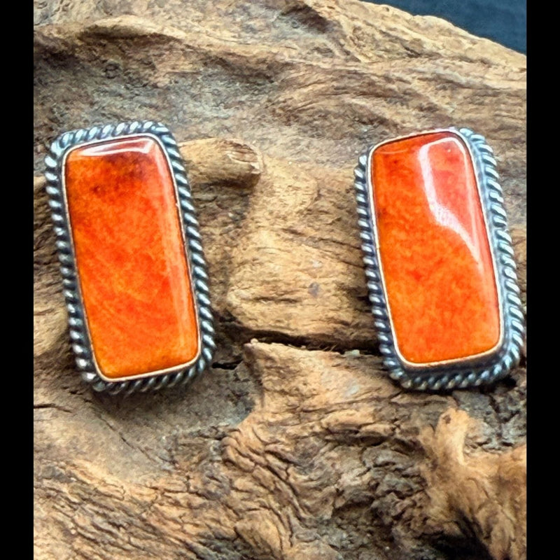 Orange Spiny Oyster / 1-Stone Rectangle Earrings - ESL119