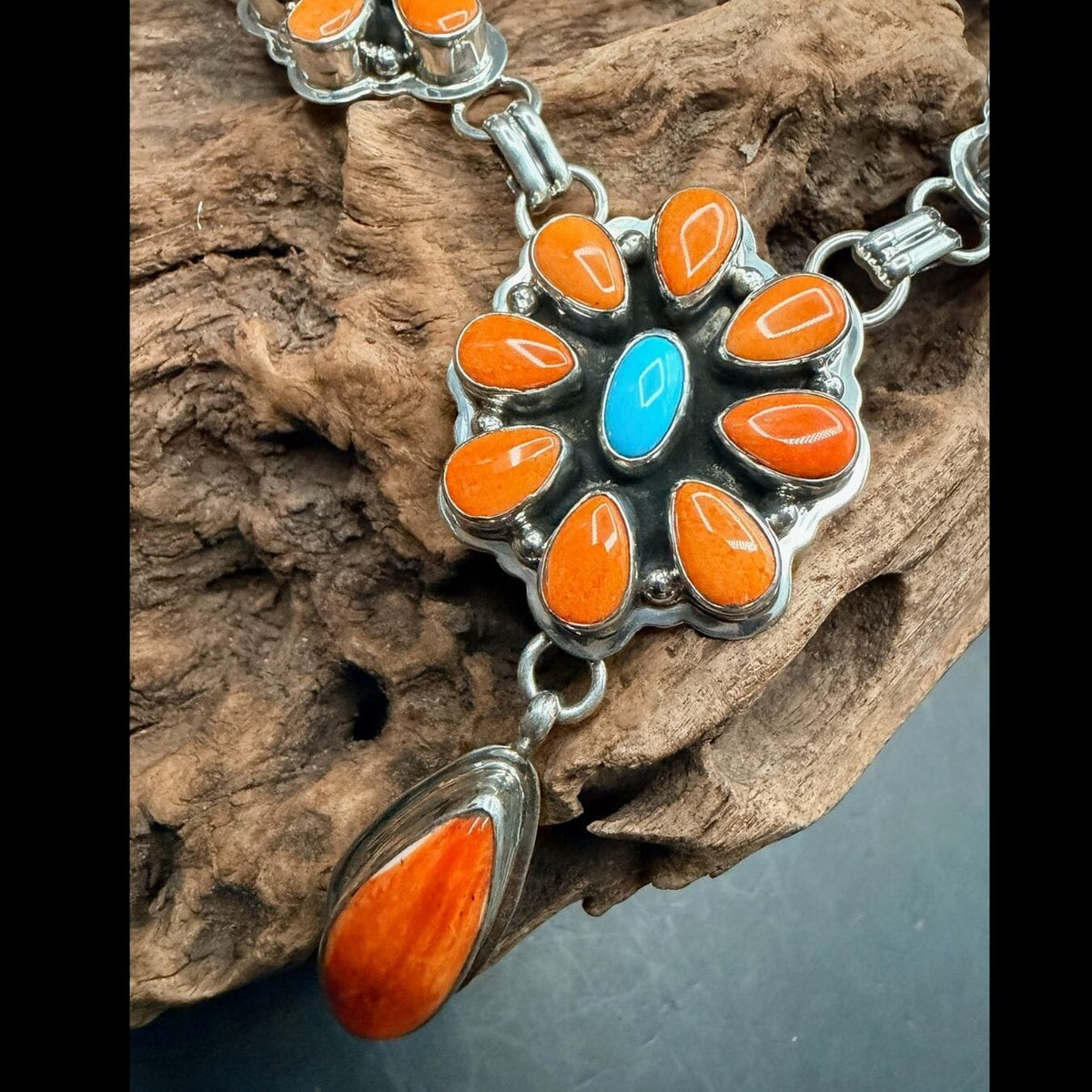 Orange Spiny Oyster & Turquoise Cluster Necklace with Hook Earrings - NPD3