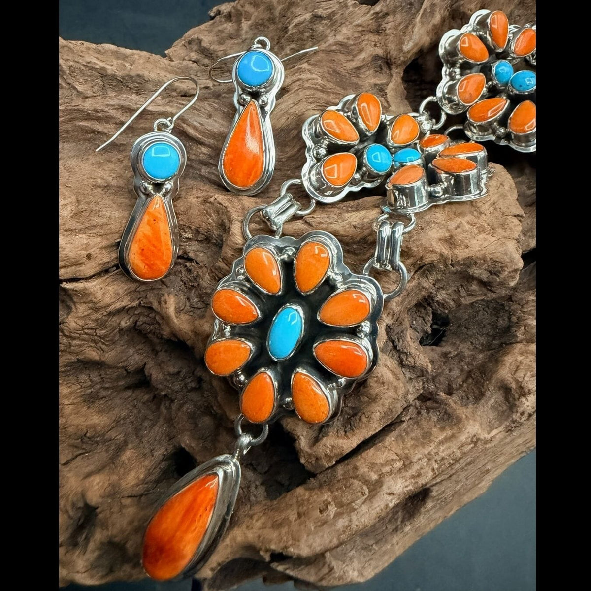 Orange Spiny Oyster & Turquoise Cluster Necklace with Hook Earrings - NPD3