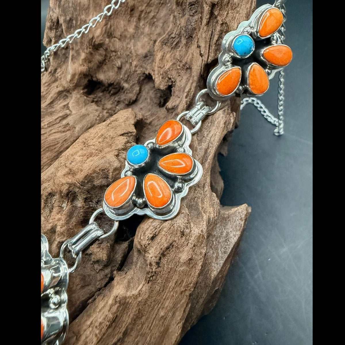 Orange Spiny Oyster & Turquoise Cluster Necklace with Hook Earrings - NPD3