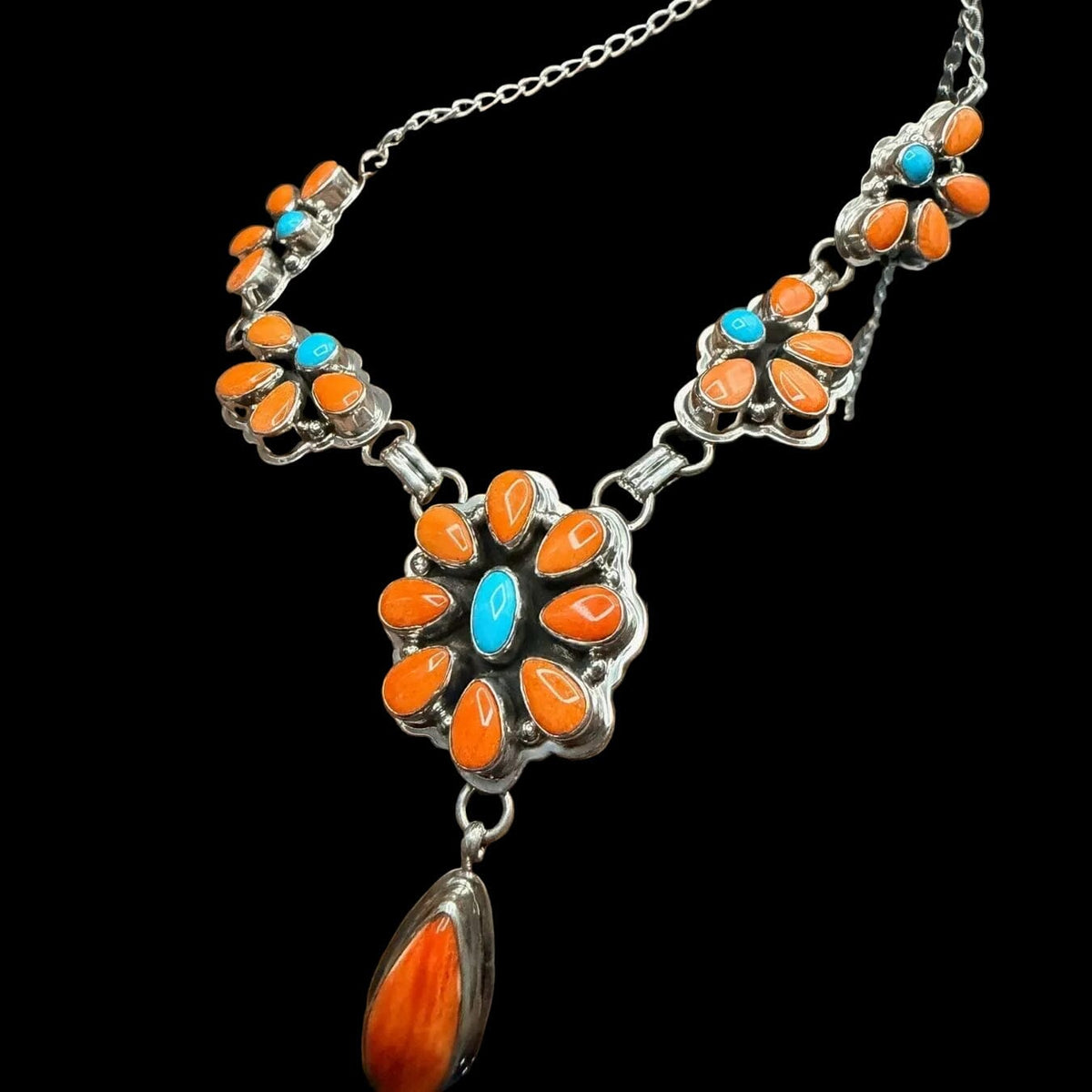 Orange Spiny Oyster & Turquoise Cluster Necklace with Hook Earrings - NPD3