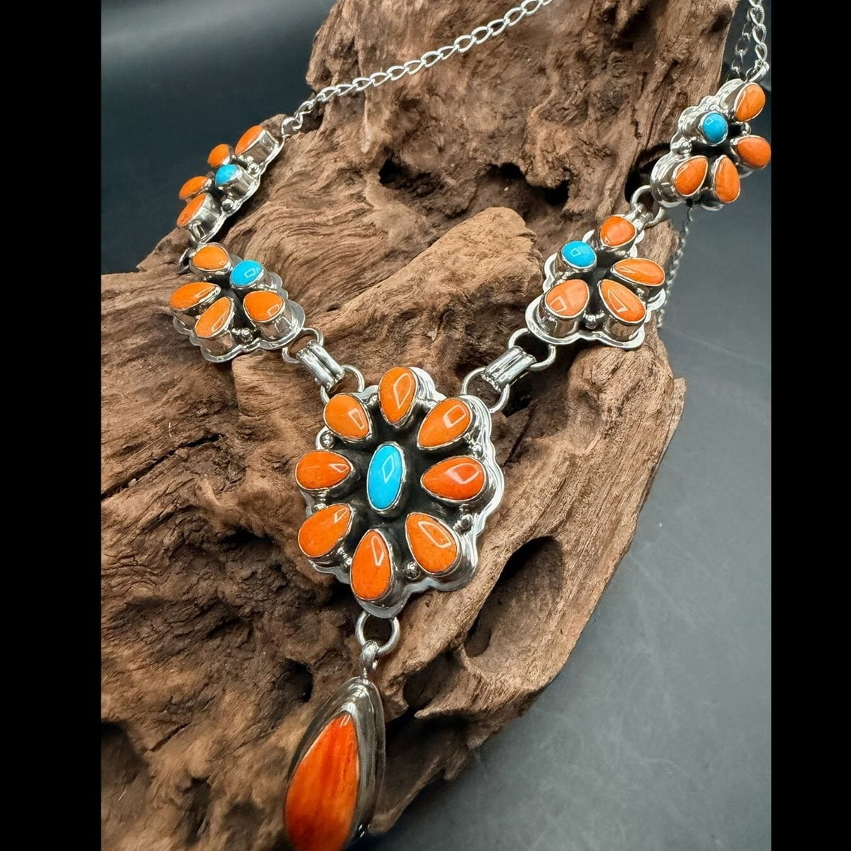 Orange Spiny Oyster & Turquoise Cluster Necklace with Hook Earrings - NPD3