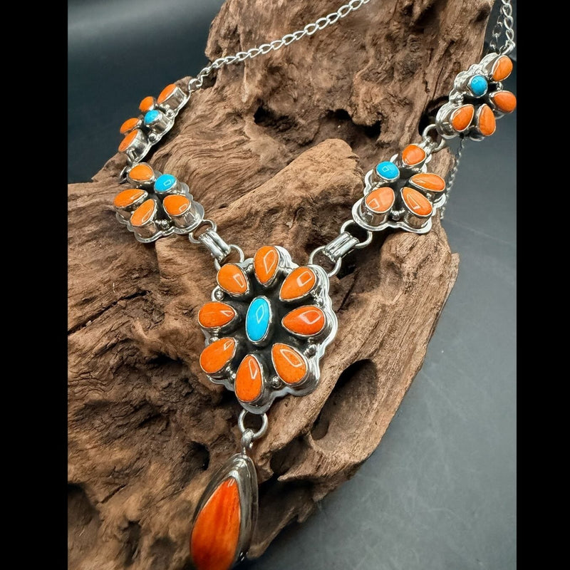 Orange Spiny Oyster & Turquoise Cluster Necklace with Hook Earrings - NPD3