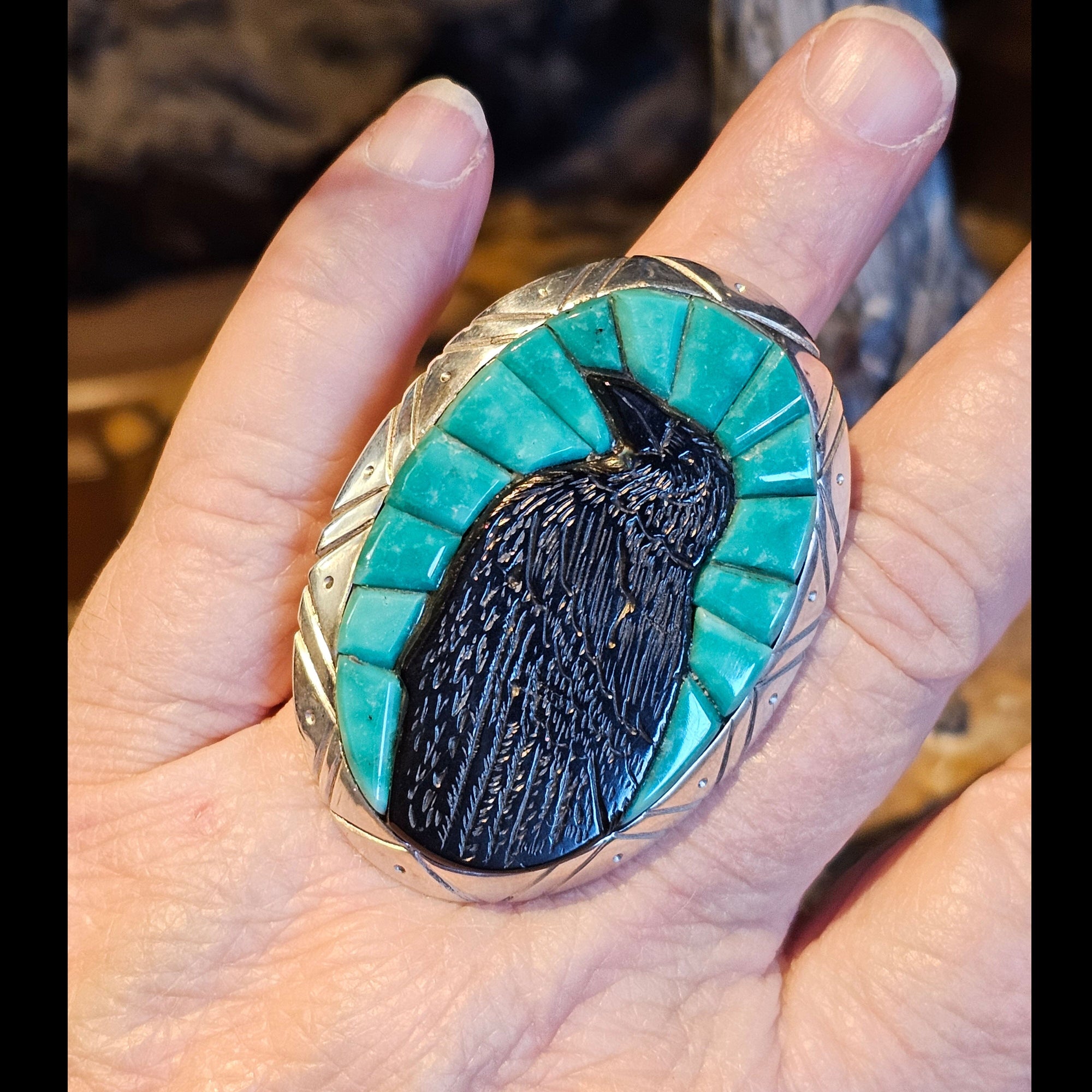 Oval Inlay Raven Ring - Size 9 - RSW25
