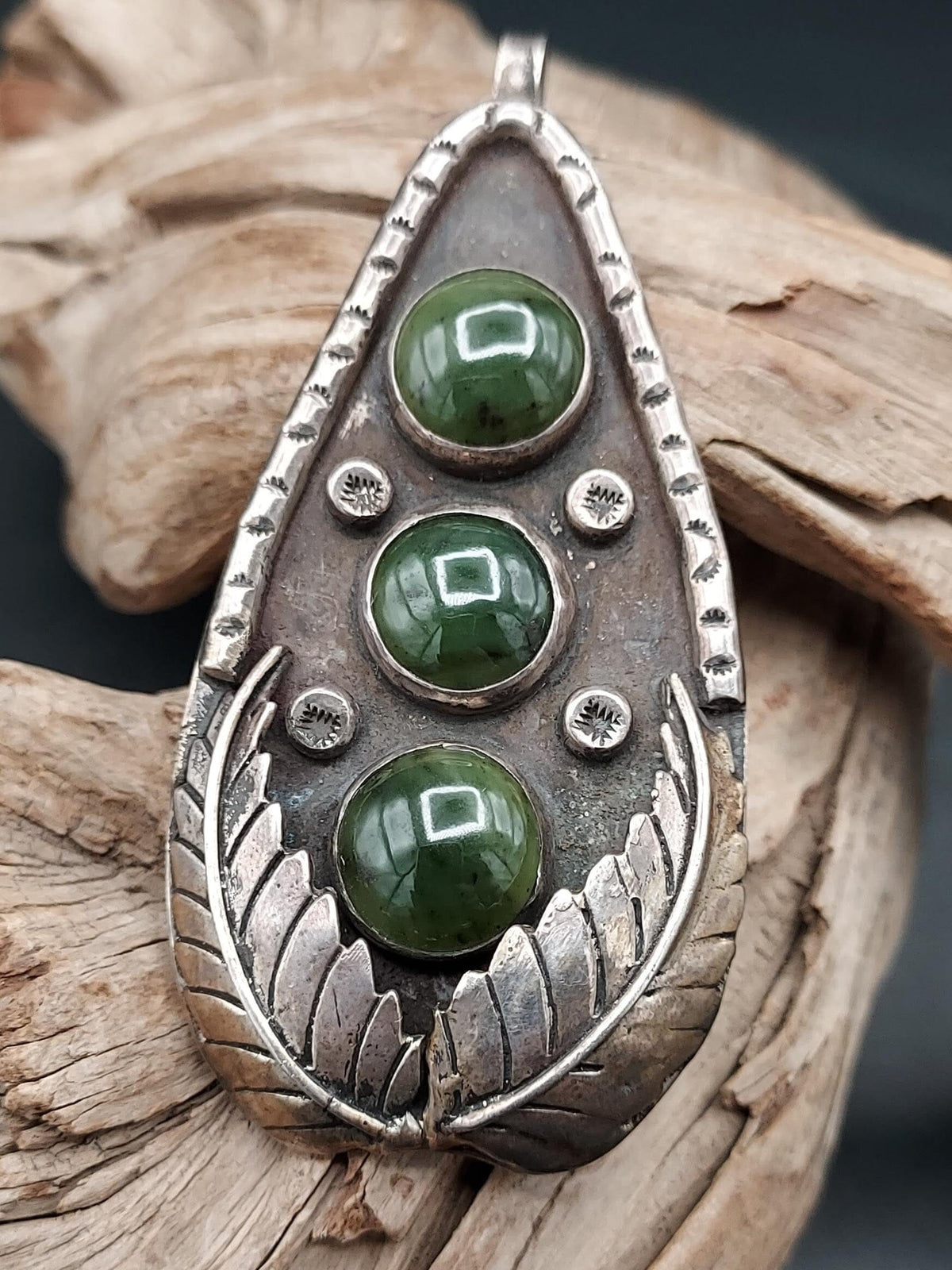 Pendant, Vintage 3 Stone Jade & Sterling - PMH38