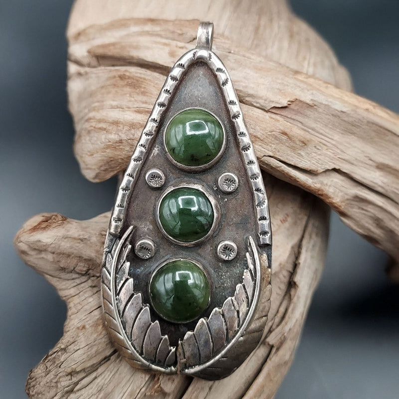 Pendant, Vintage 3 Stone Jade & Sterling - PMH38