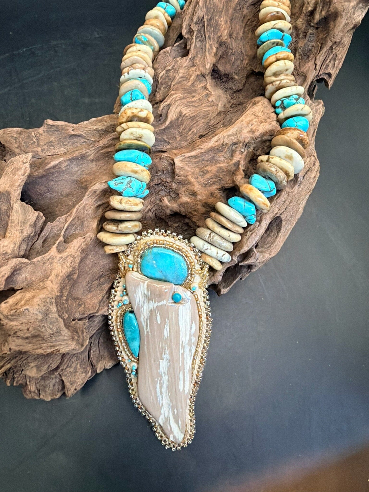 Petrified Wood Pendant/Turquoise/Magnesite Necklace - NSZ231