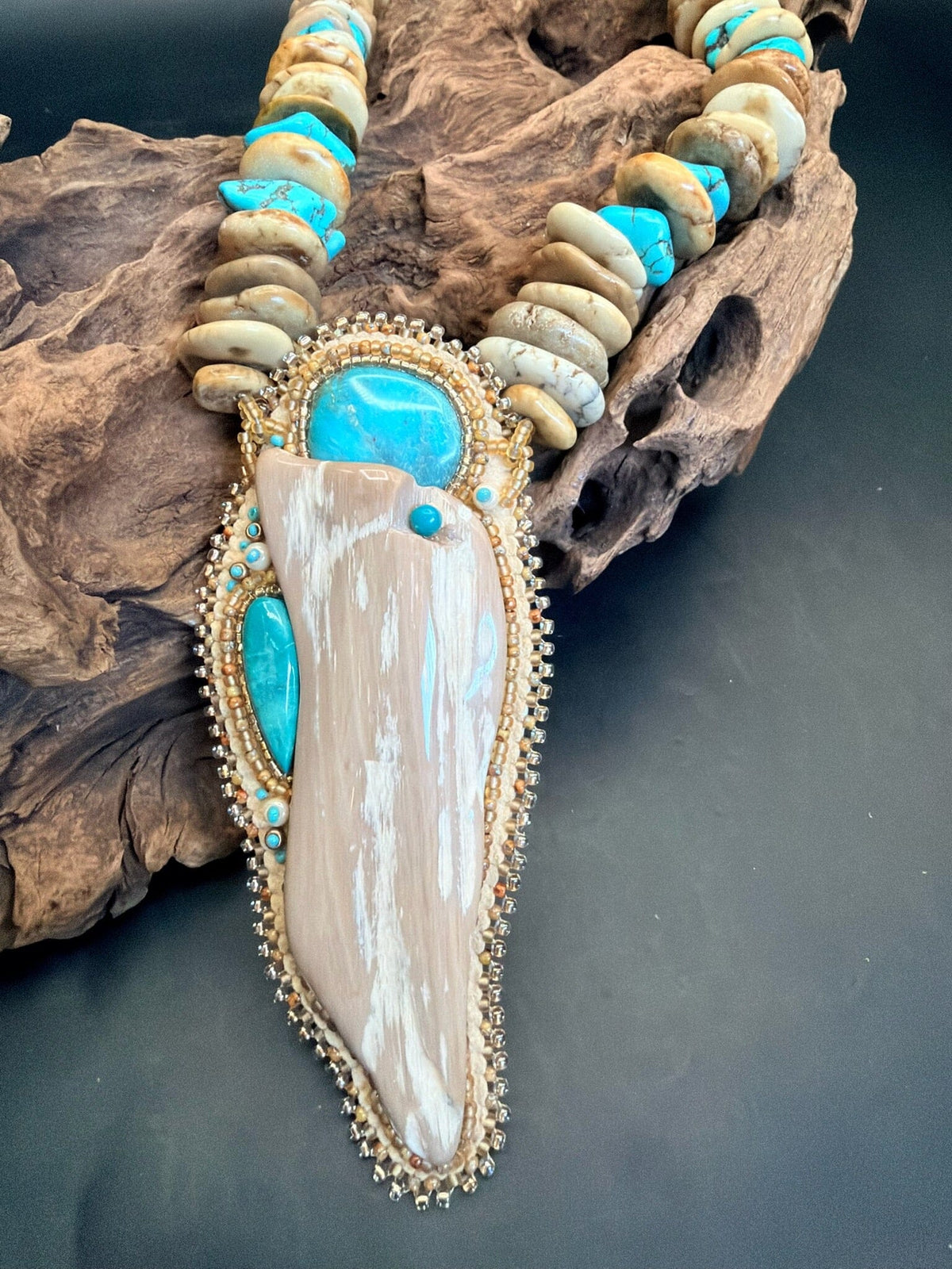 Petrified Wood Pendant/Turquoise/Magnesite Necklace - NSZ231
