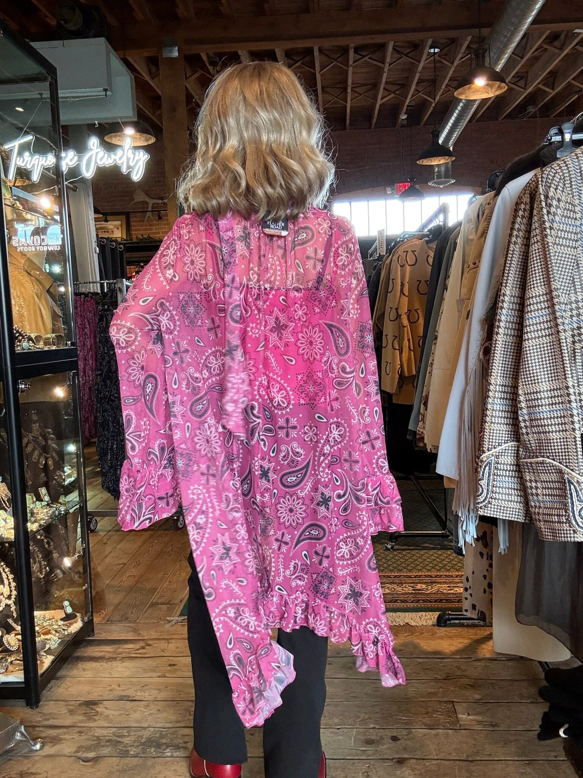 Pink Bandana Ruffle Hi/Low Mesh Blouse - 4809PB