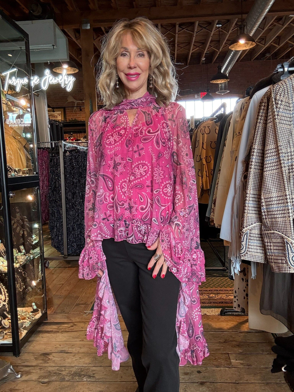 Pink Bandana Ruffle Hi/Low Mesh Blouse - 4809PB