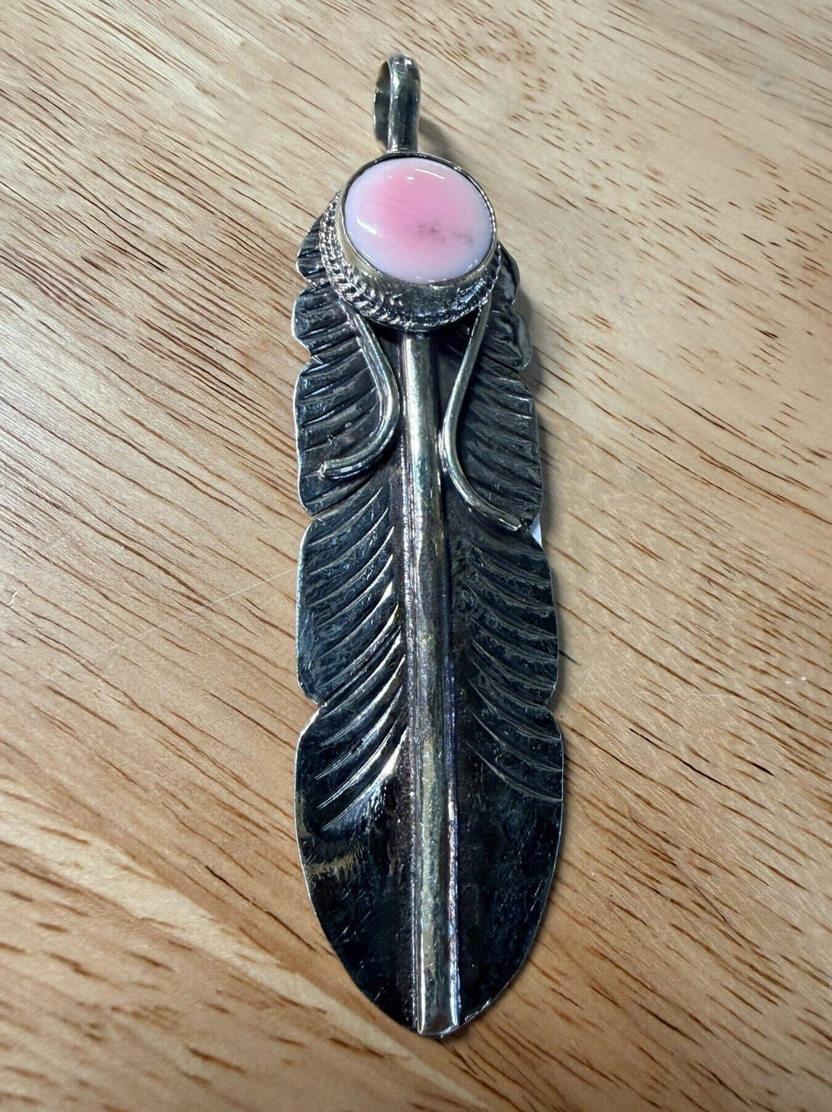 Pink Conch/German Silver Feather Pendant - PBAR20