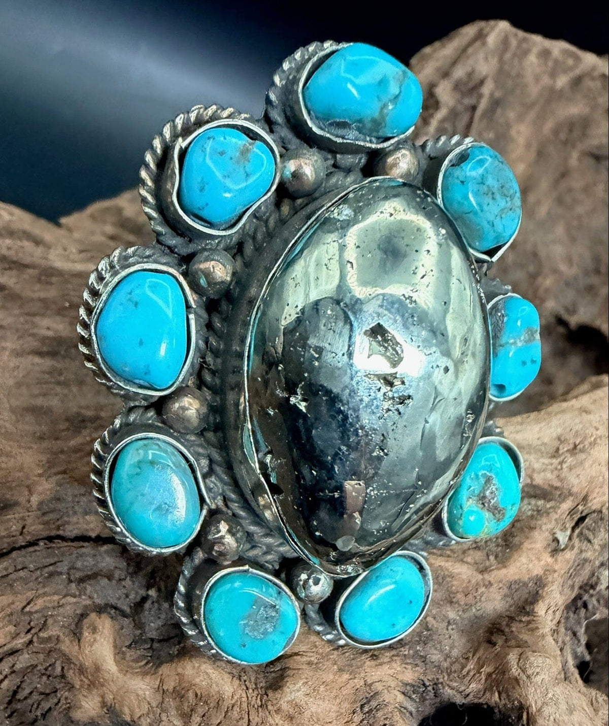 Pyrite, Turquoise, German Silver Ring - RBAR18-BT