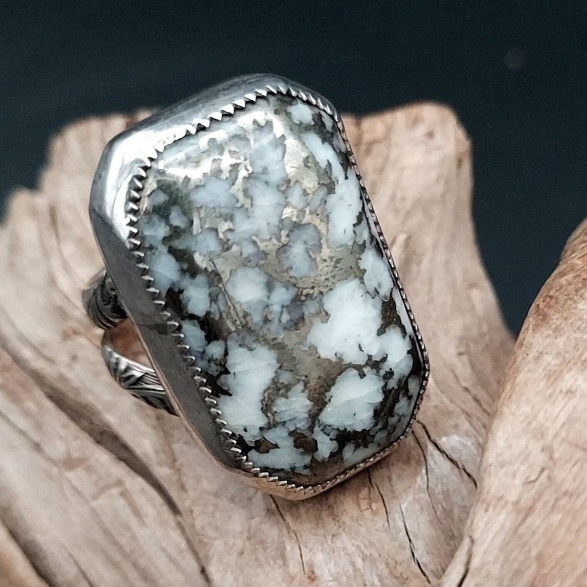 Rectangular Pyrite &amp; White Stone Ring - Size 11 - RMH192