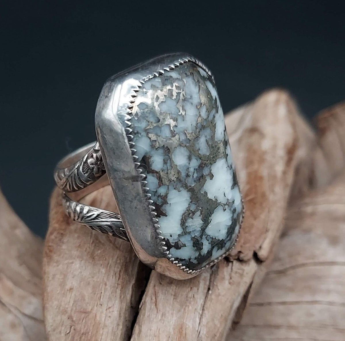 Rectangular Pyrite &amp; White Stone Ring - Size 11 - RMH192