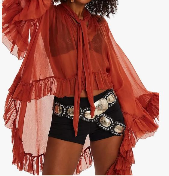 Red Bell Sleeve Frill Sheer Blouse - SHAM1-RD