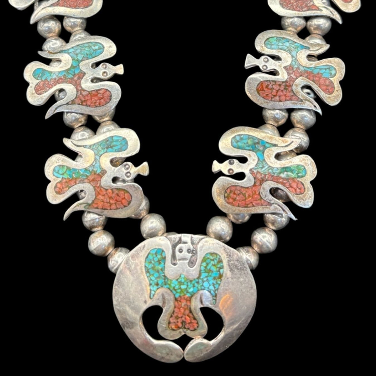 Red Coral and Turquoise Chip Inlay Native Peyote Necklace - SQMH56