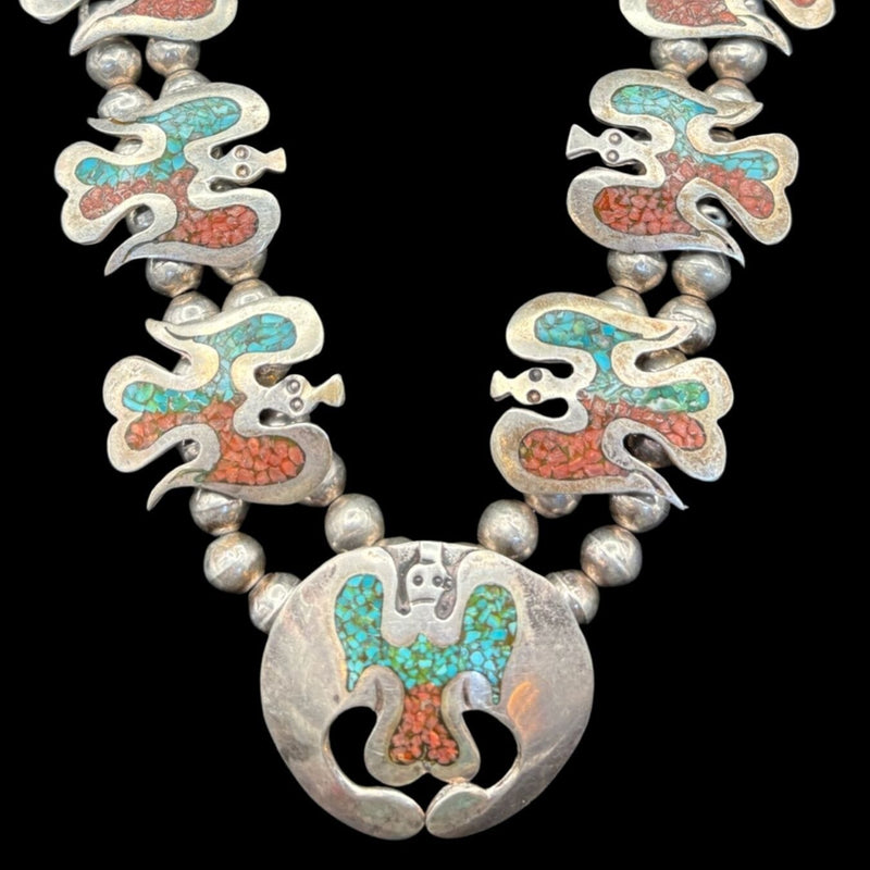 Red Coral and Turquoise Chip Inlay Native Peyote Necklace - SQMH56