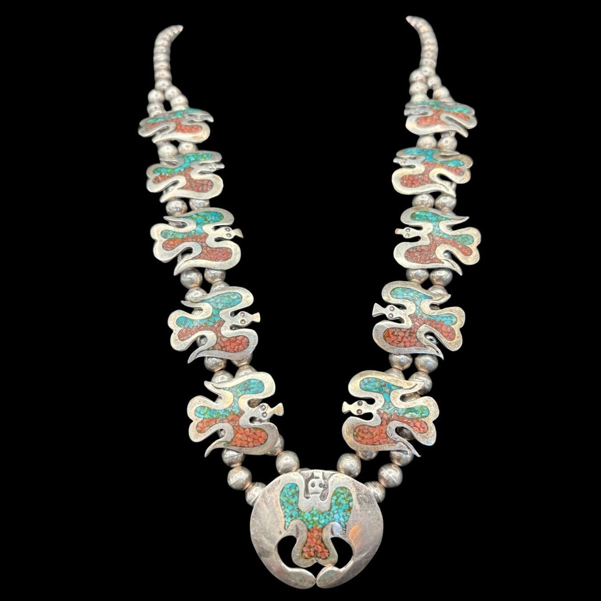 Red Coral and Turquoise Chip Inlay Native Peyote Necklace - SQMH56