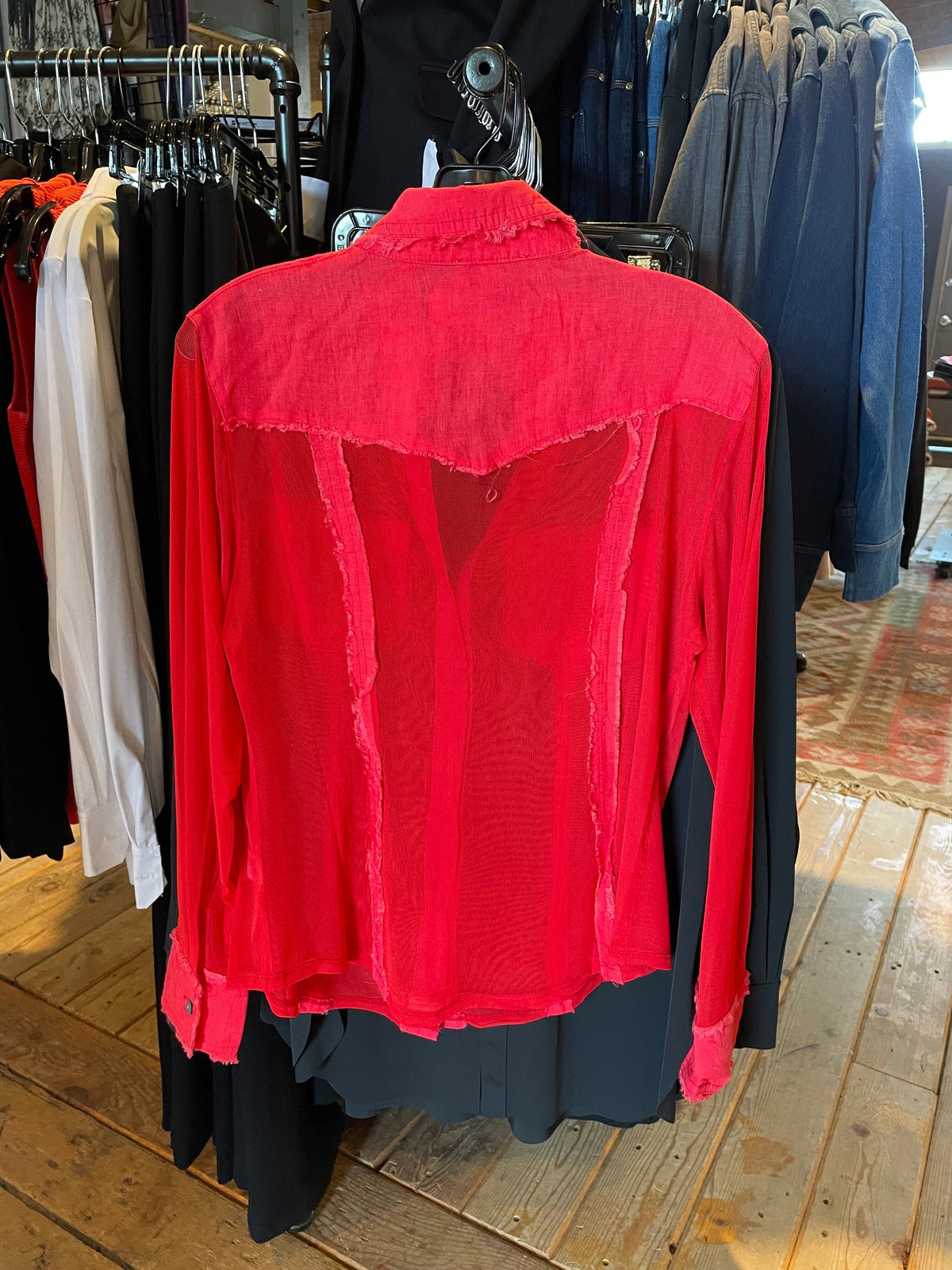 Red Mesh Button Down Blouse - 4304M