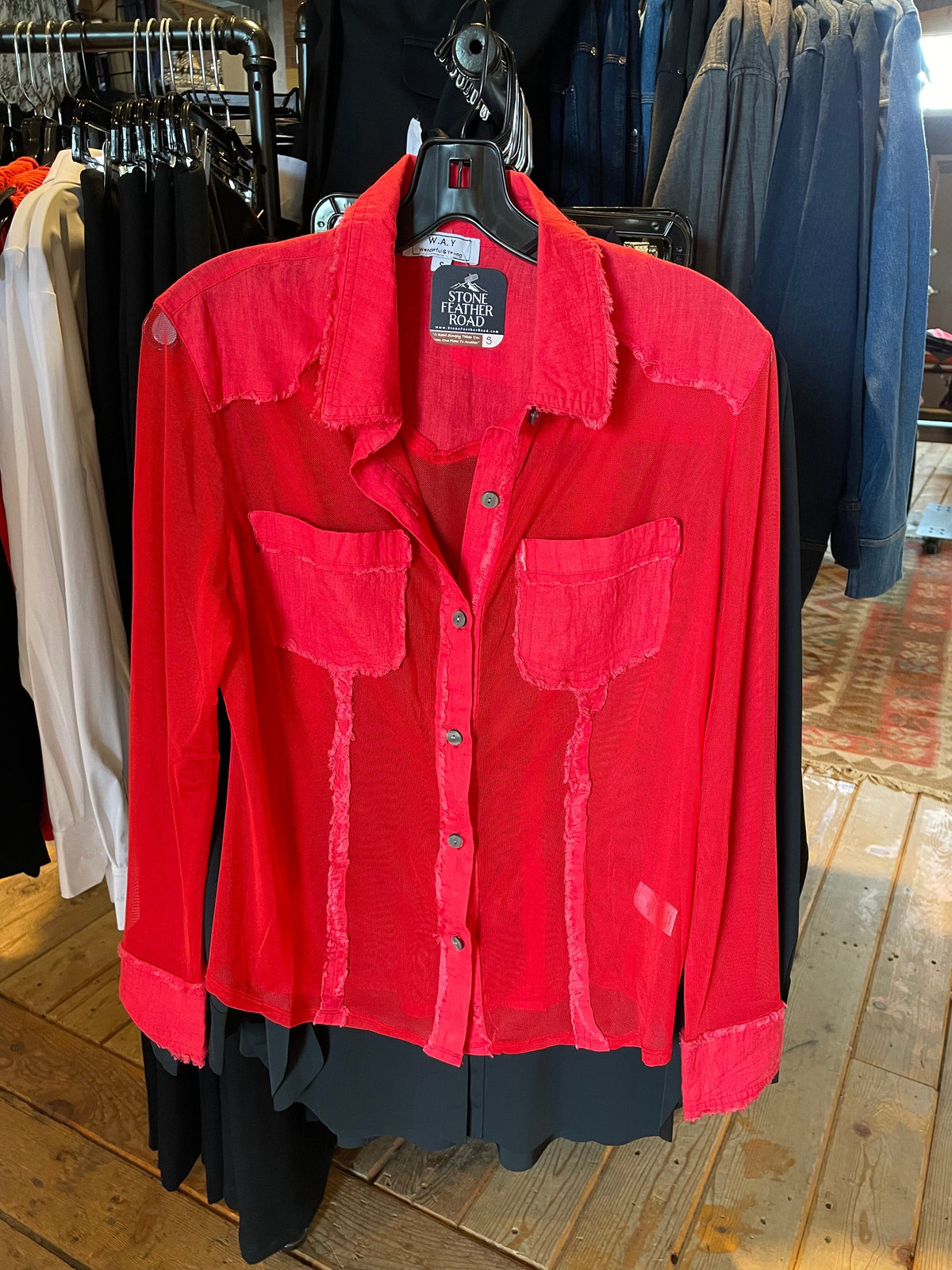 Red Mesh Button Down Blouse - 4304M