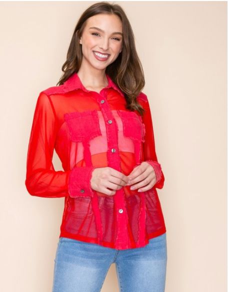 Red Mesh Button Down Blouse - 4304M