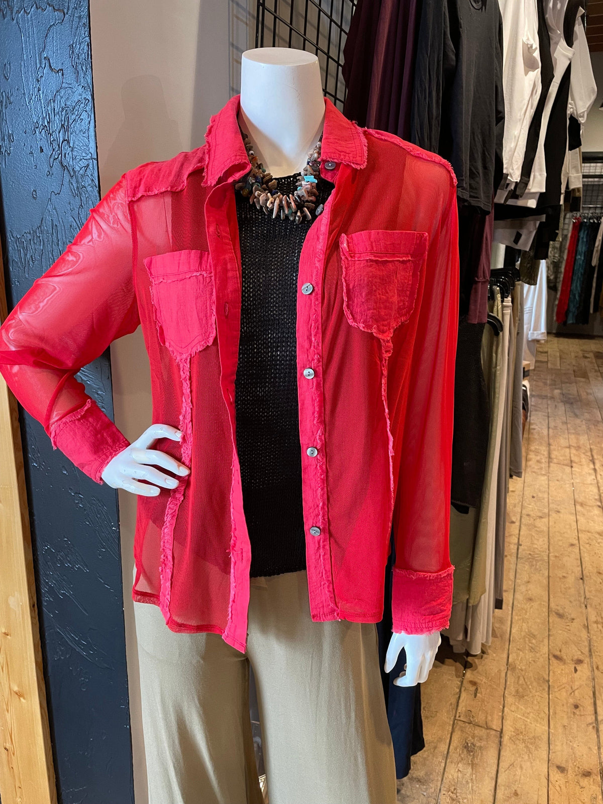 Red Mesh Button Down Blouse - 4304M