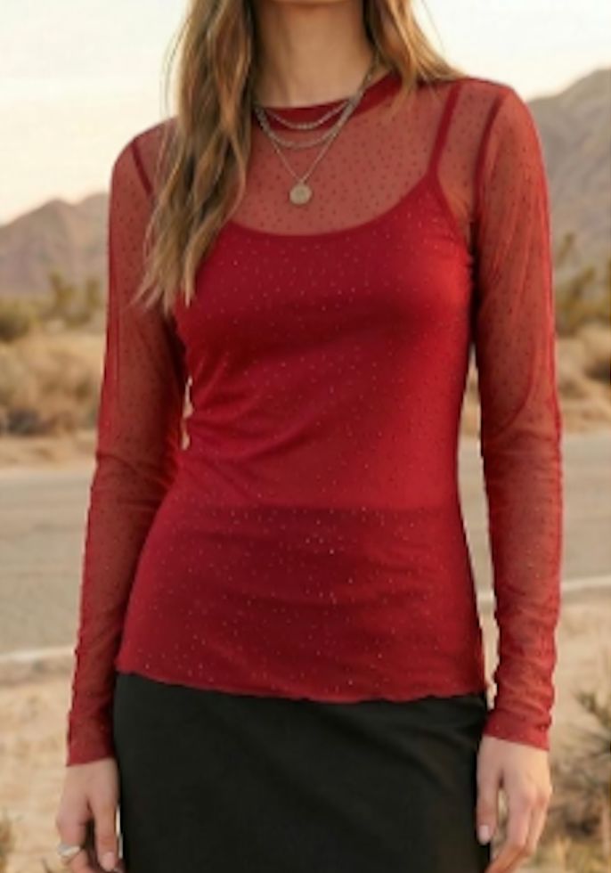 Red Mesh/Rhinestone Long Sleeve Top - 4864R