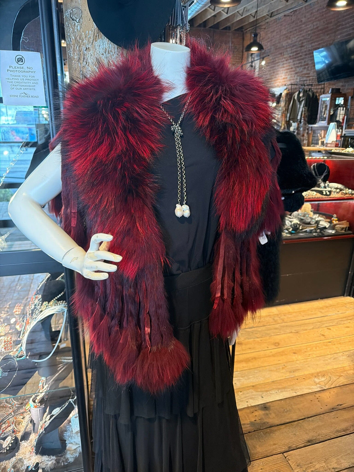 Red Raccoon Collar With Rabbit Fringe - MKCOLR-RD