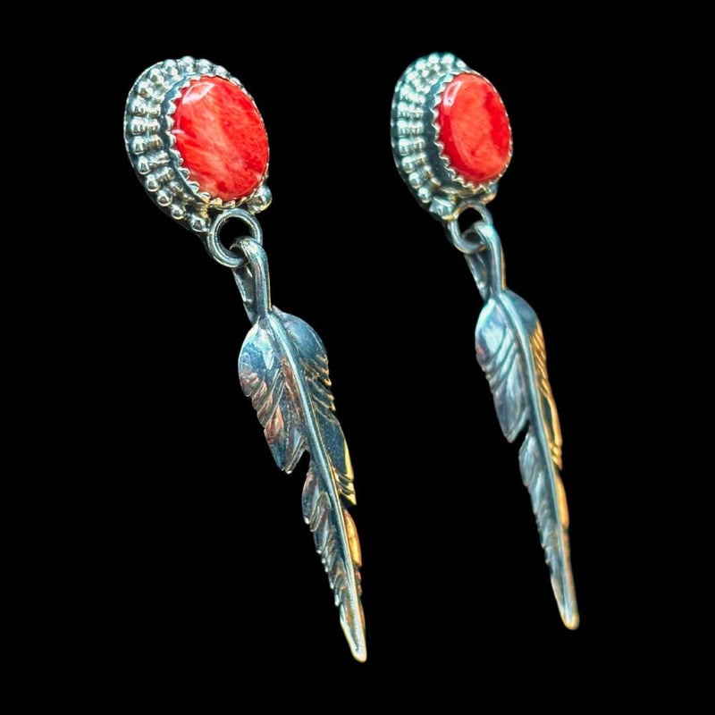Red Spiny Oyster/Sterling Feather Earring - ECJW26