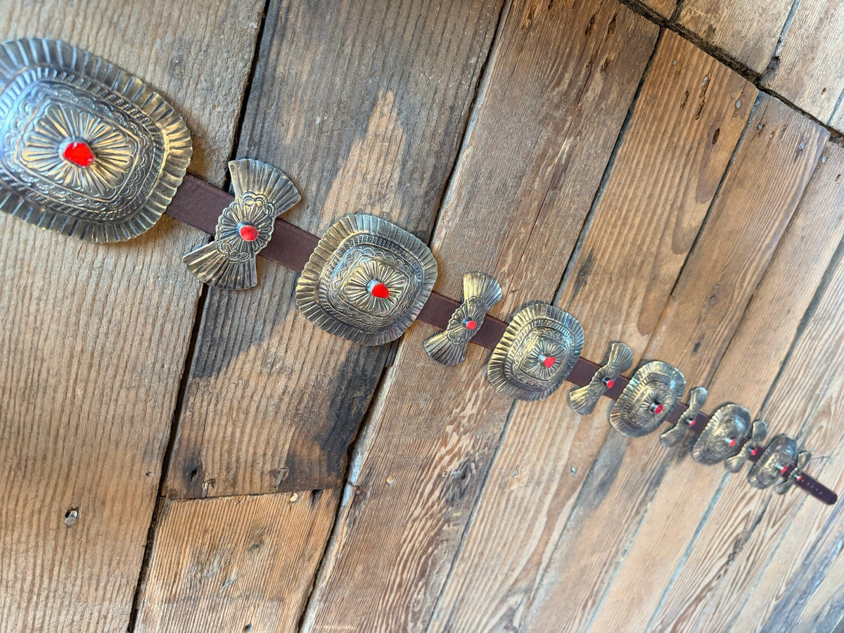 Red Stone/Rays German Silver Square Concho Belt - BBAR105RD