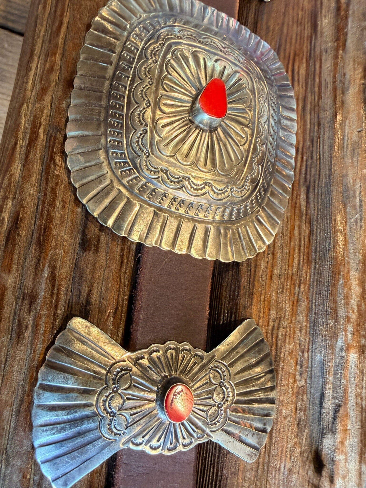 Red Stone/Rays German Silver Square Concho Belt - BBAR105RD