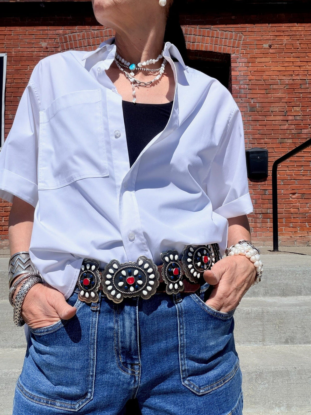 Red Stone/White & Blue Enamel German Silver Concho Belt - BBAR31