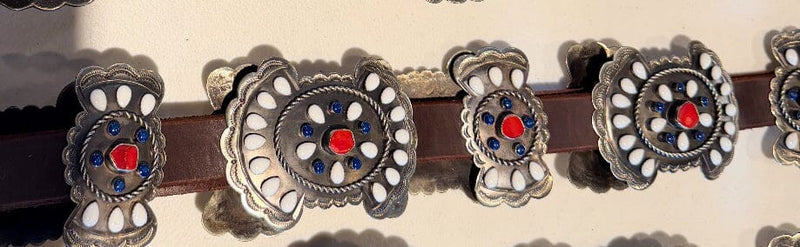 Red Stone/White & Blue Enamel German Silver Concho Belt - BBAR31