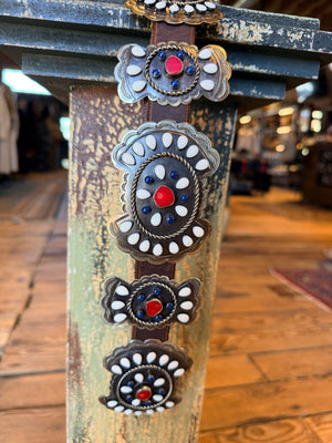 Red Stone/White & Blue Enamel German Silver Concho Belt - BBAR31