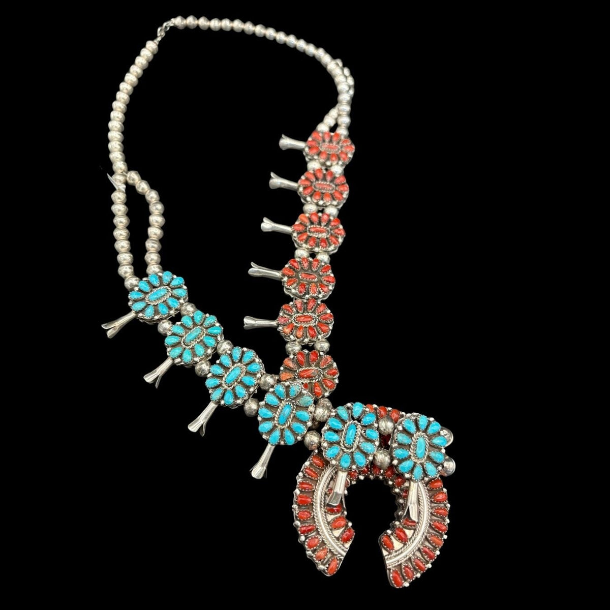 Reversible Red Coral and Turquoise Squash Blossom - SQMH57