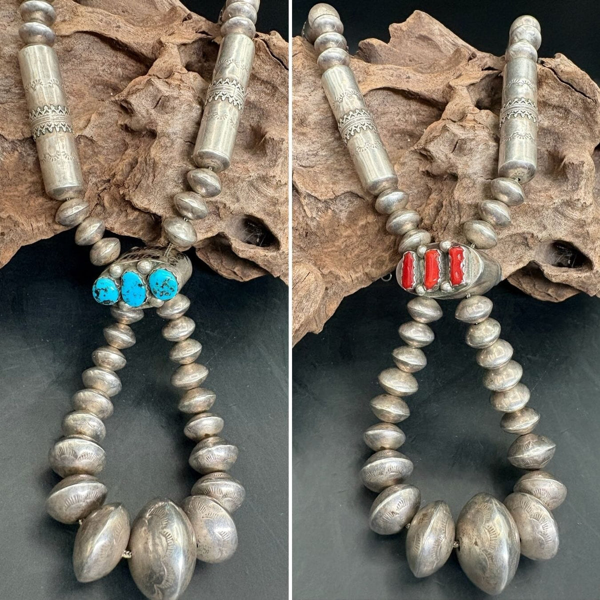 Reversible Turquoise, Coral, Sterling Necklace - NMH51