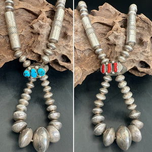 Reversible Turquoise, Coral, Sterling Necklace - NMH51
