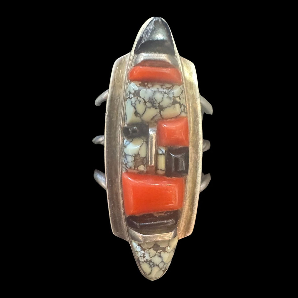 Sterling Silver Variscite, Coral &amp; Onyx Inlay Ring – Size 7.75 - RMH446