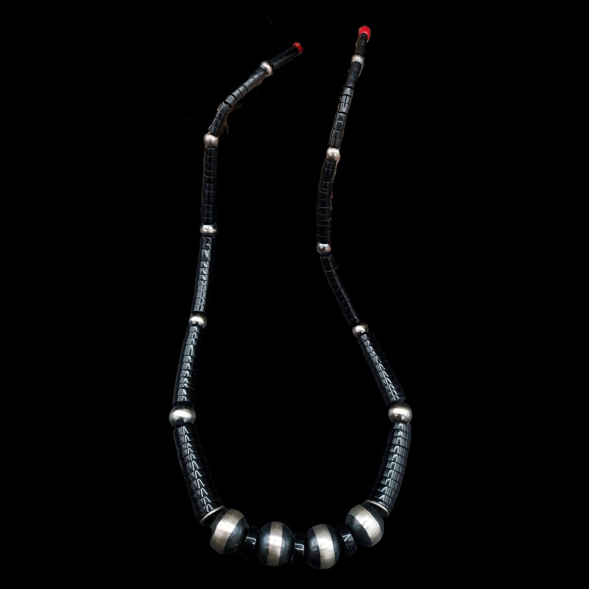 Single Strand Jet, Coral & Navajo Pearl-Style Necklace – 23" - NWP1