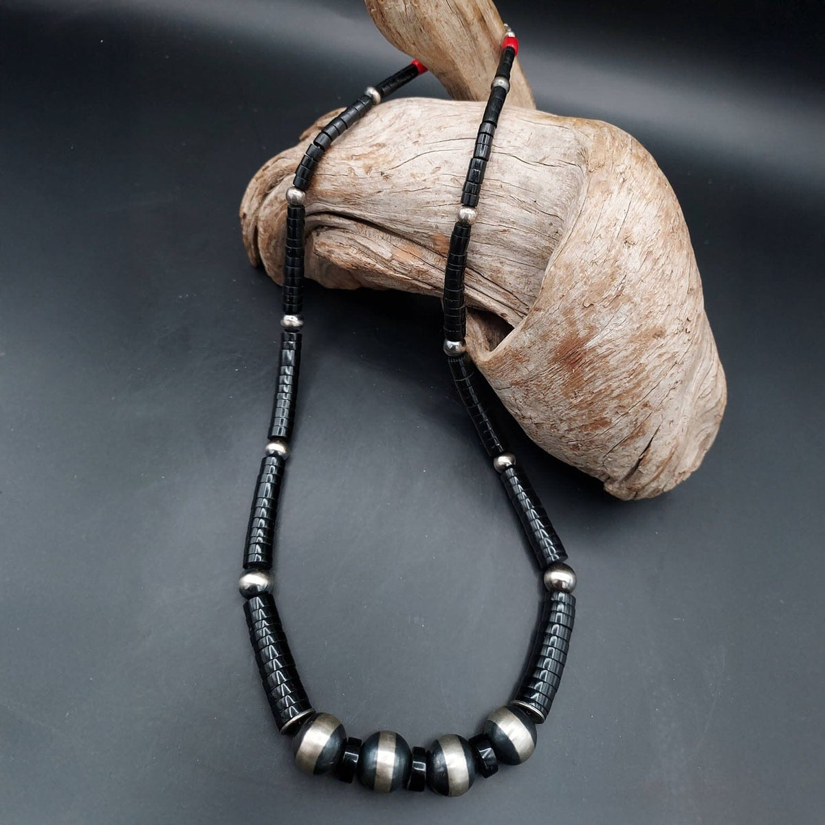 Single Strand Jet, Coral & Navajo Pearl-Style Necklace – 23" - NWP1