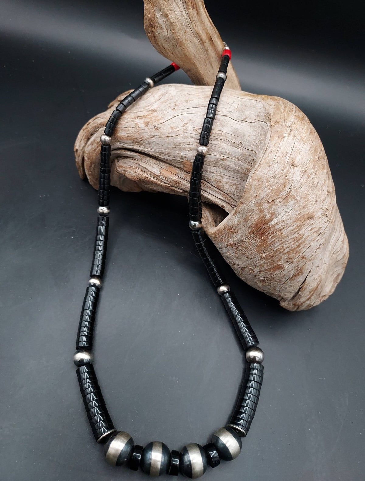 Single Strand Jet, Coral & Navajo Pearl-Style Necklace – 23" - NWP1