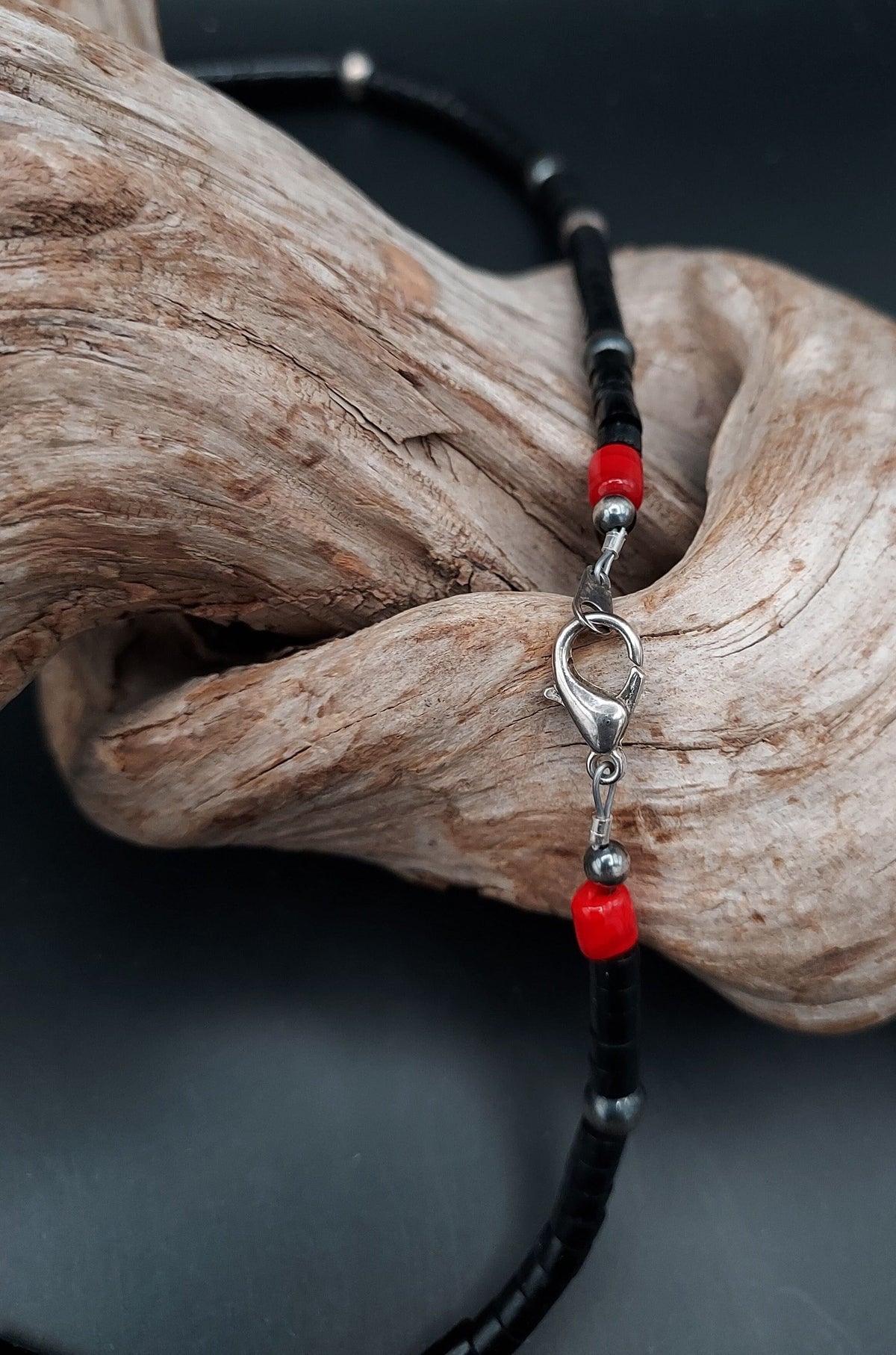 Single Strand Jet, Coral & Navajo Pearl-Style Necklace – 23" - NWP1