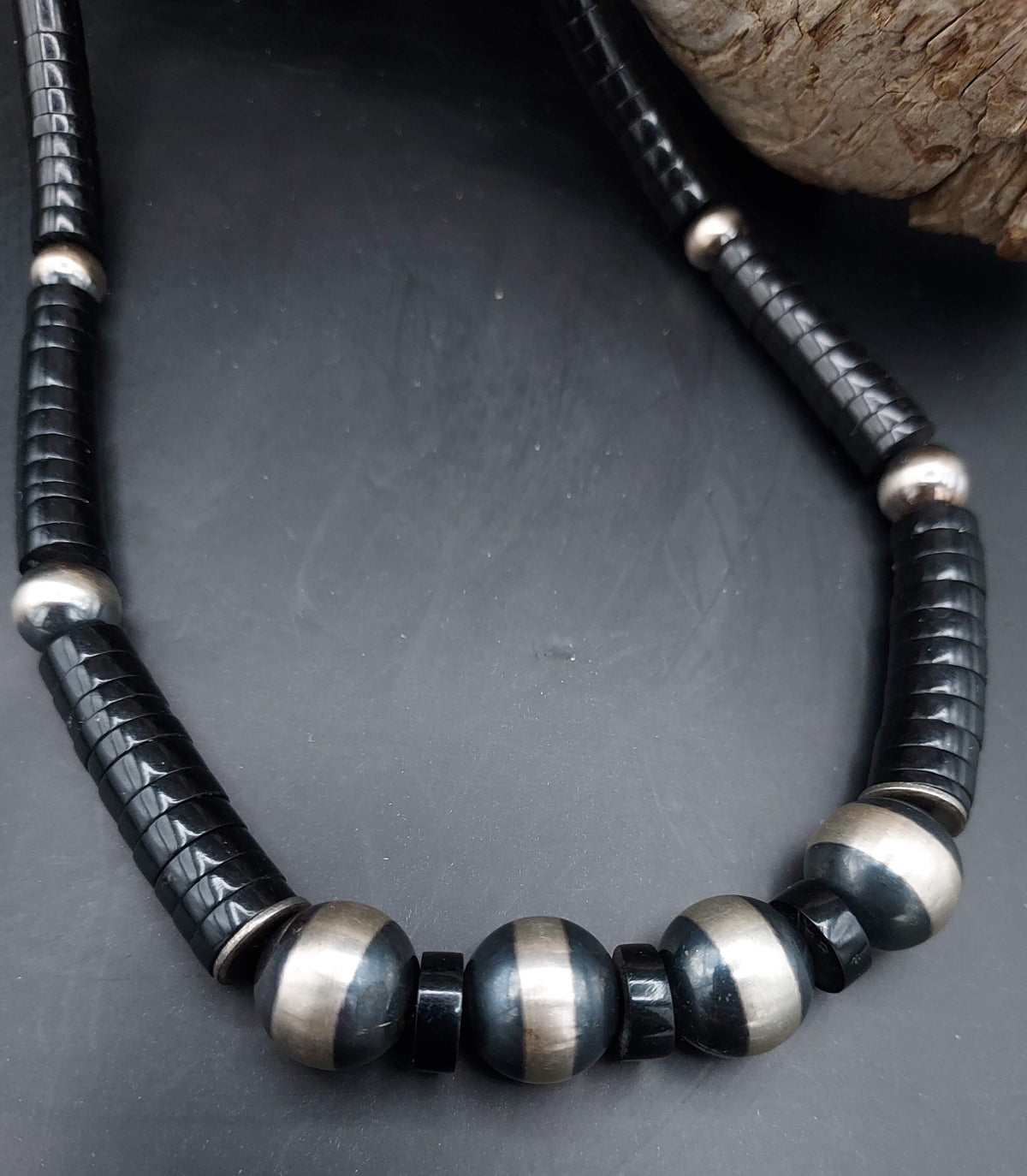 Single Strand Jet, Coral & Navajo Pearl-Style Necklace – 23" - NWP1