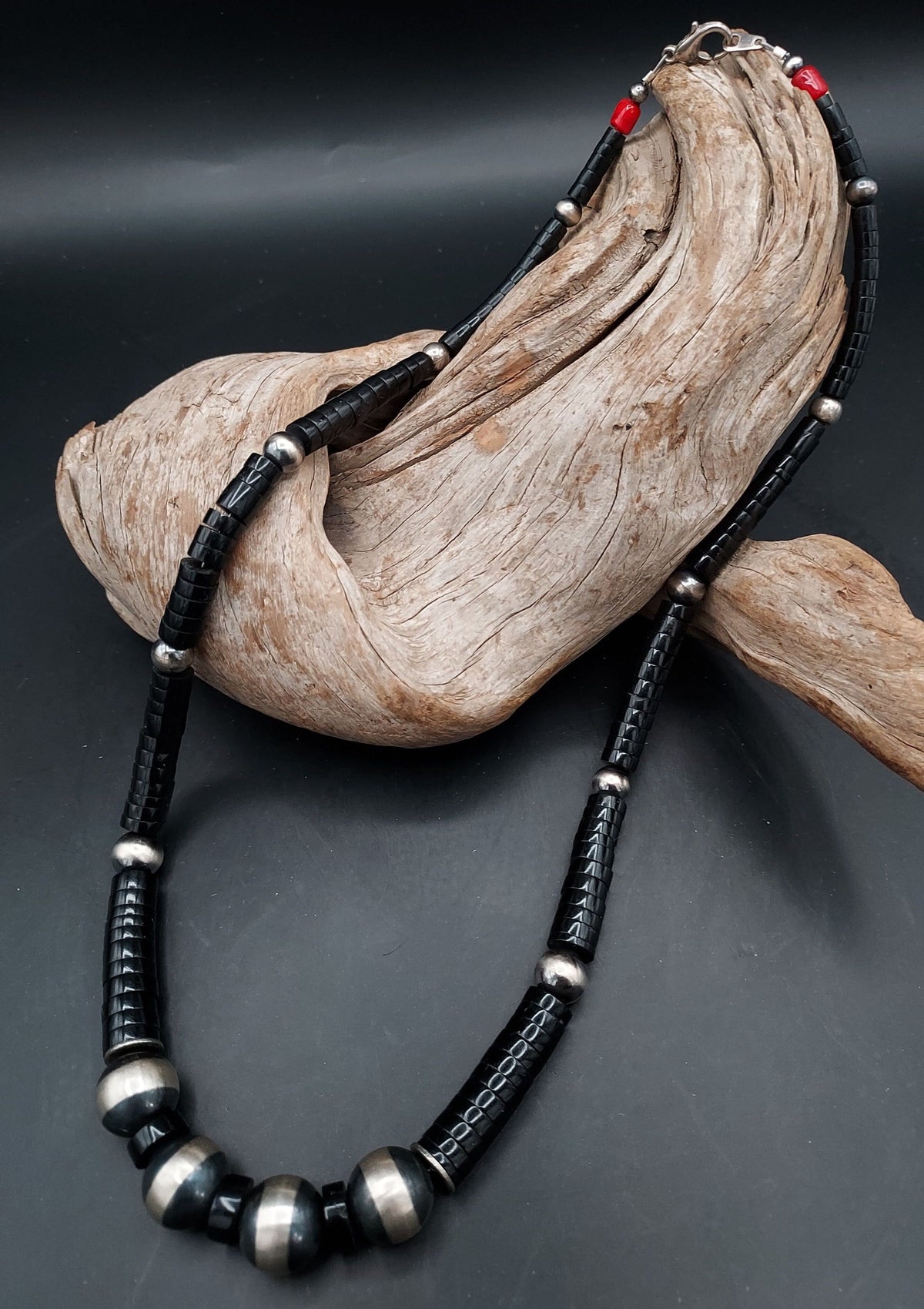 Single Strand Jet, Coral & Navajo Pearl-Style Necklace – 23" - NWP1