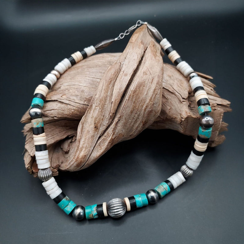 Single Strand Shell, Jet, Turquoise Necklace with Navajo Pearl-Like Beads - NWP2