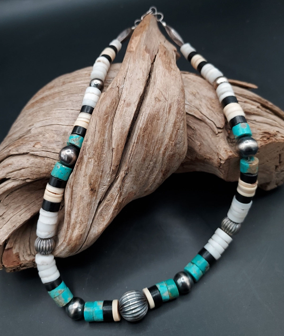 Single Strand Shell, Jet, Turquoise Necklace with Navajo Pearl-Like Beads - NWP2