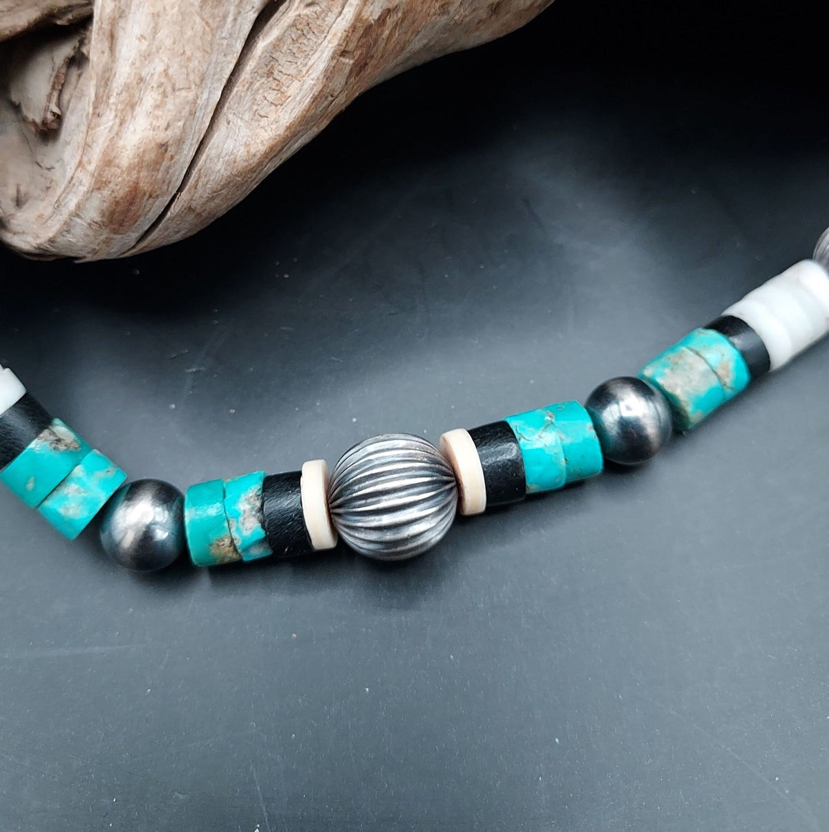 Single Strand Shell, Jet, Turquoise Necklace with Navajo Pearl-Like Beads - NWP2