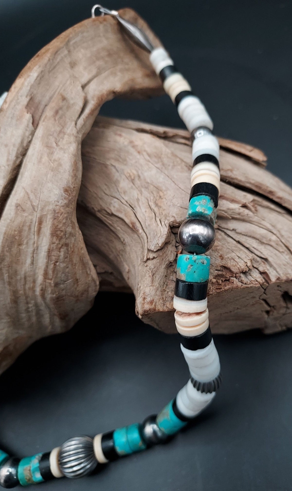 Single Strand Shell, Jet, Turquoise Necklace with Navajo Pearl-Like Beads - NWP2