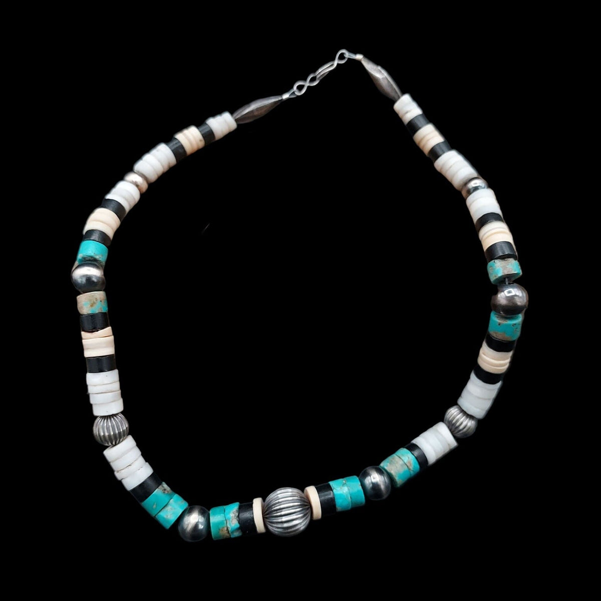 Single Strand Shell, Jet, Turquoise Necklace with Navajo Pearl-Like Beads - NWP2